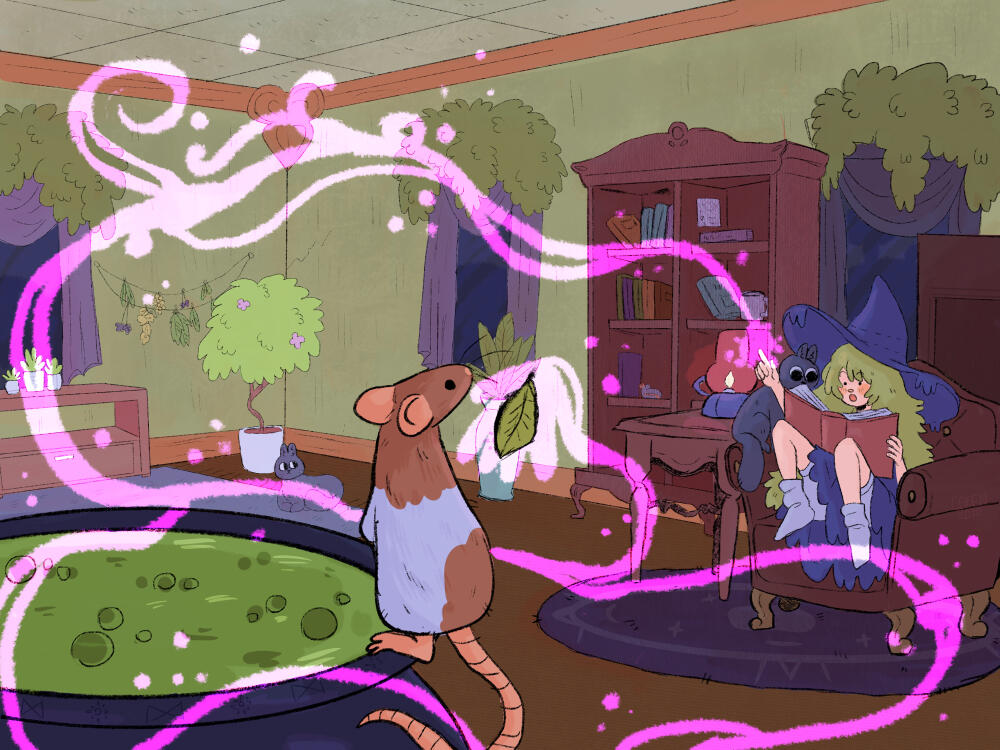 In the foreground, a rat sits on a bubbling cauldron. A magical hand is extending toward the rat, controlled by a cute, green-haired witch who sits in a large chair nearby. The room they are in is full of magical items and plants.