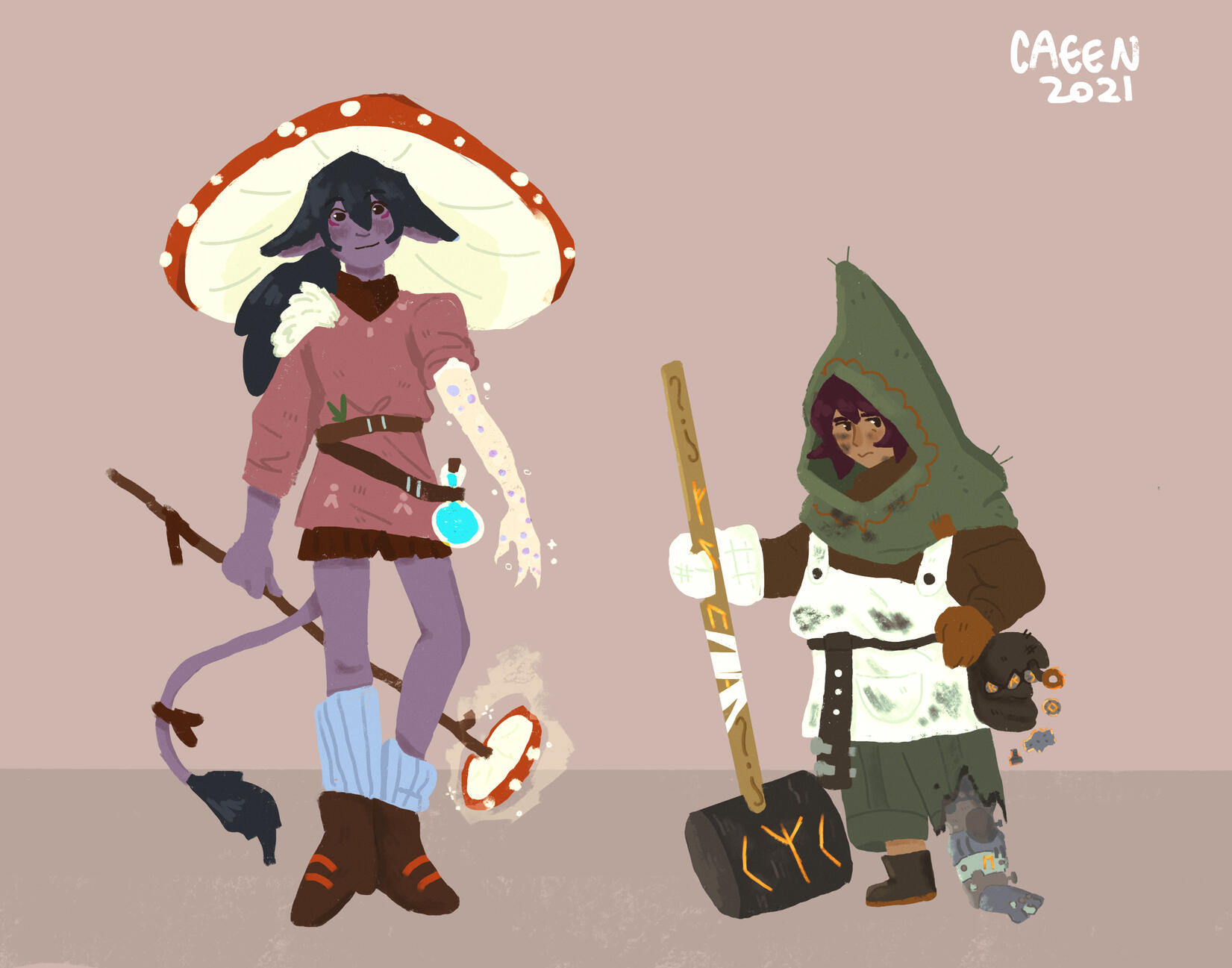 Two characters stand against a lilac background. On the left, the figure is tall and slender with dark purple skin, they wear a large mushroom hat, a pink shirt, red shorts, and brown boots with tall socks sticking out. They have a tail with a tuft of hair